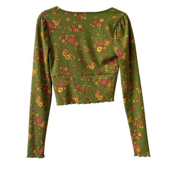 Urban Outfitters Floral Babydoll Top Women S Green Rib Knit Cottagecore Retro - Picture 3 of 10